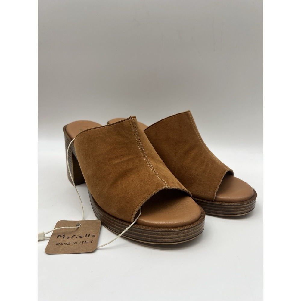 Mariella Made in Italy Tan Suede Leather Chunky Block Heel Mules Sandals Size 38
